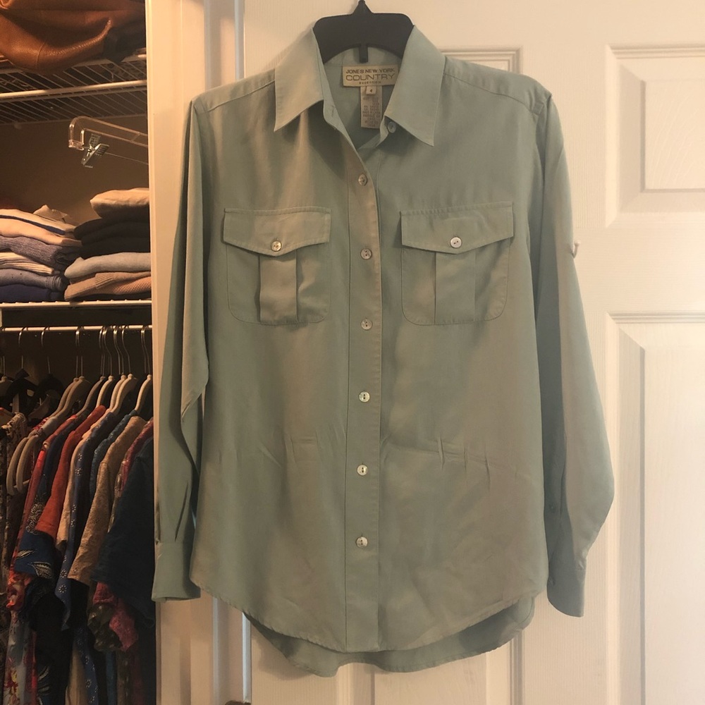 Muted Aqua 100% Silk Button Down Blouse EUC